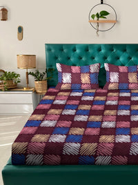 Aura Maroon & Blue Geometric 300 TC Fitted Double King Bedsheet Set 2.50 m x 2.25 m