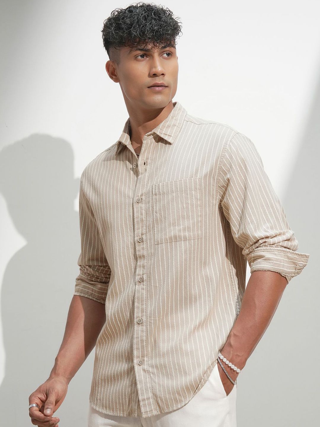 HIGHLANDER Men Comfort Relaxed Fit Vertical Striped Spread Collar Casual Shirt