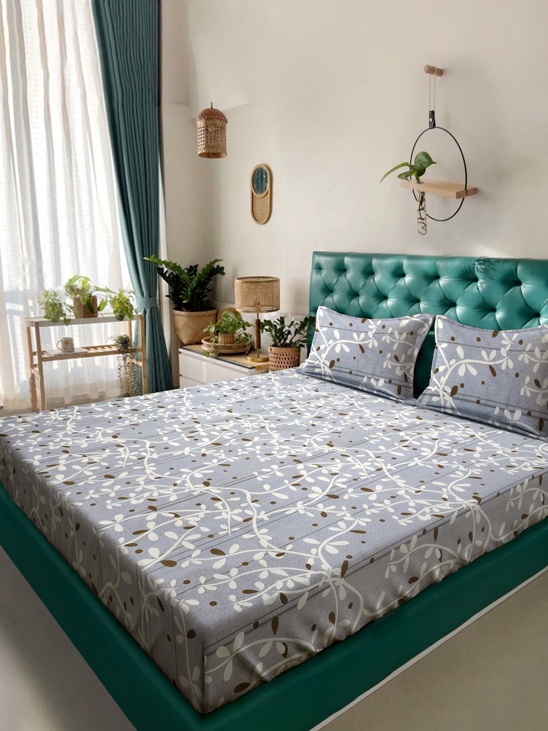 Myntra Elegant Homes Bunga Kelabu 300 TC Set Cadar Double King-2.5mX2.25m