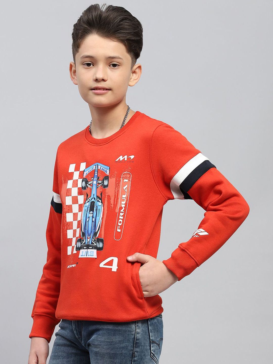 Monte Carlo Boys CottonOrange Round Neck Full Sleeves Pullover Printed Sweatshirt