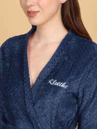 KLOTTHE Navy Blue Self Design Woollen Bath Robe With Belt