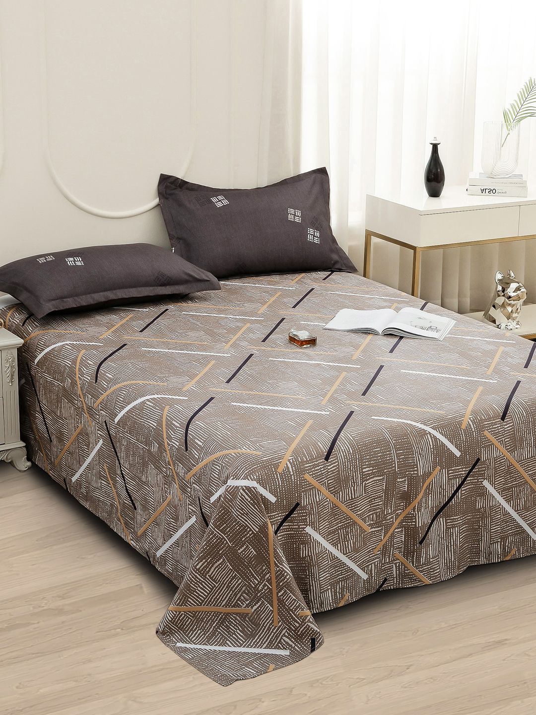 Story@home Coffee Brown Abstract Printed 240 TC Satin Finish Queen Bedsheet Set
