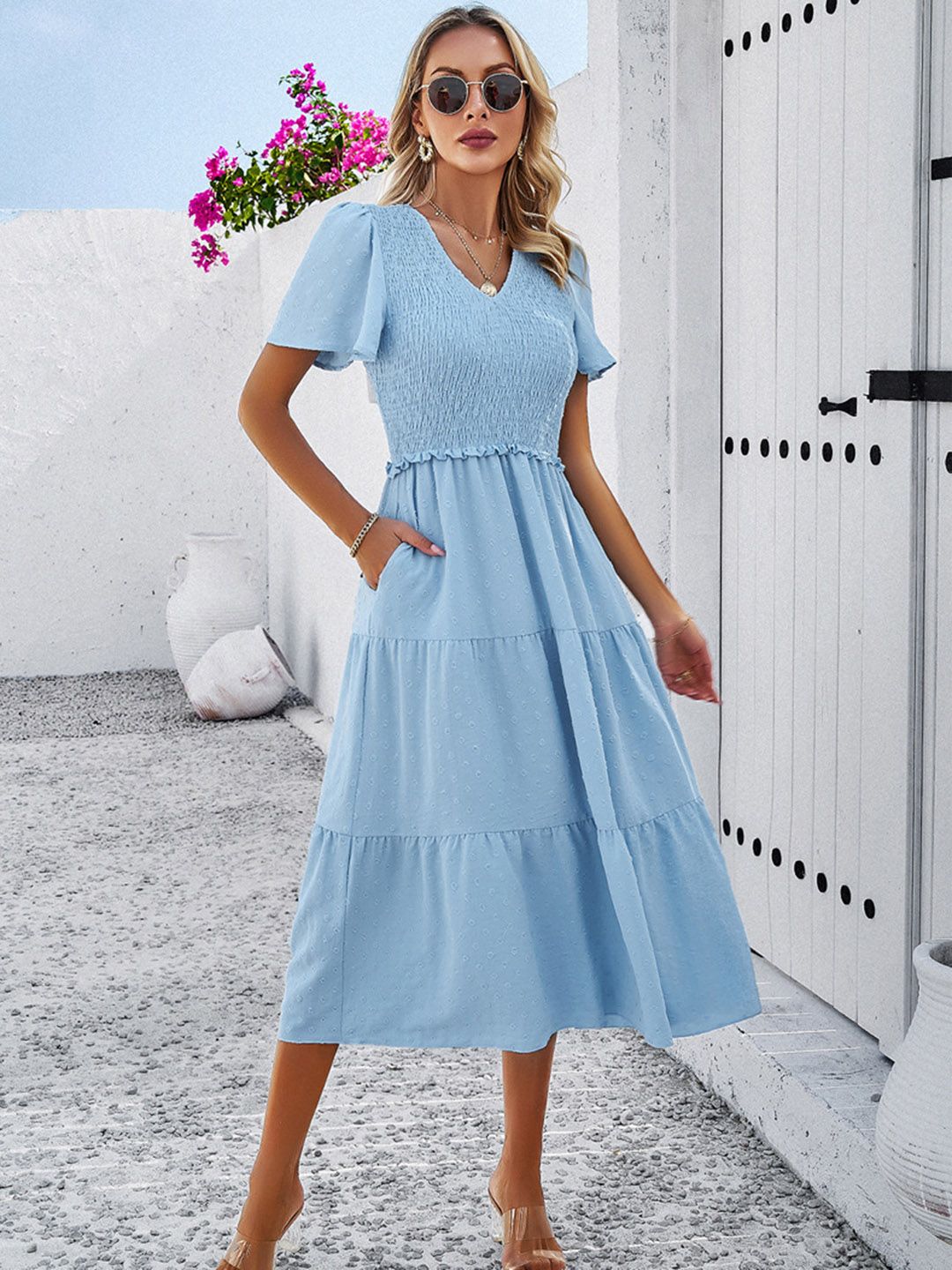 all about you Blue Flared V-Neck Flutter Sleeve Fit & Flare Midi Dress