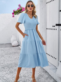 all about you Blue Flared V-Neck Flutter Sleeve Fit & Flare Midi Dress