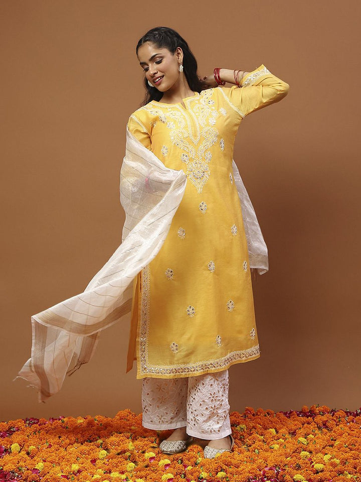 House of Chikankari Women Mustard Yellow Chanderi Chikankari Embroidered Kurta Set