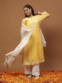 House of Chikankari Women Mustard Yellow Chanderi Chikankari Embroidered Kurta Set