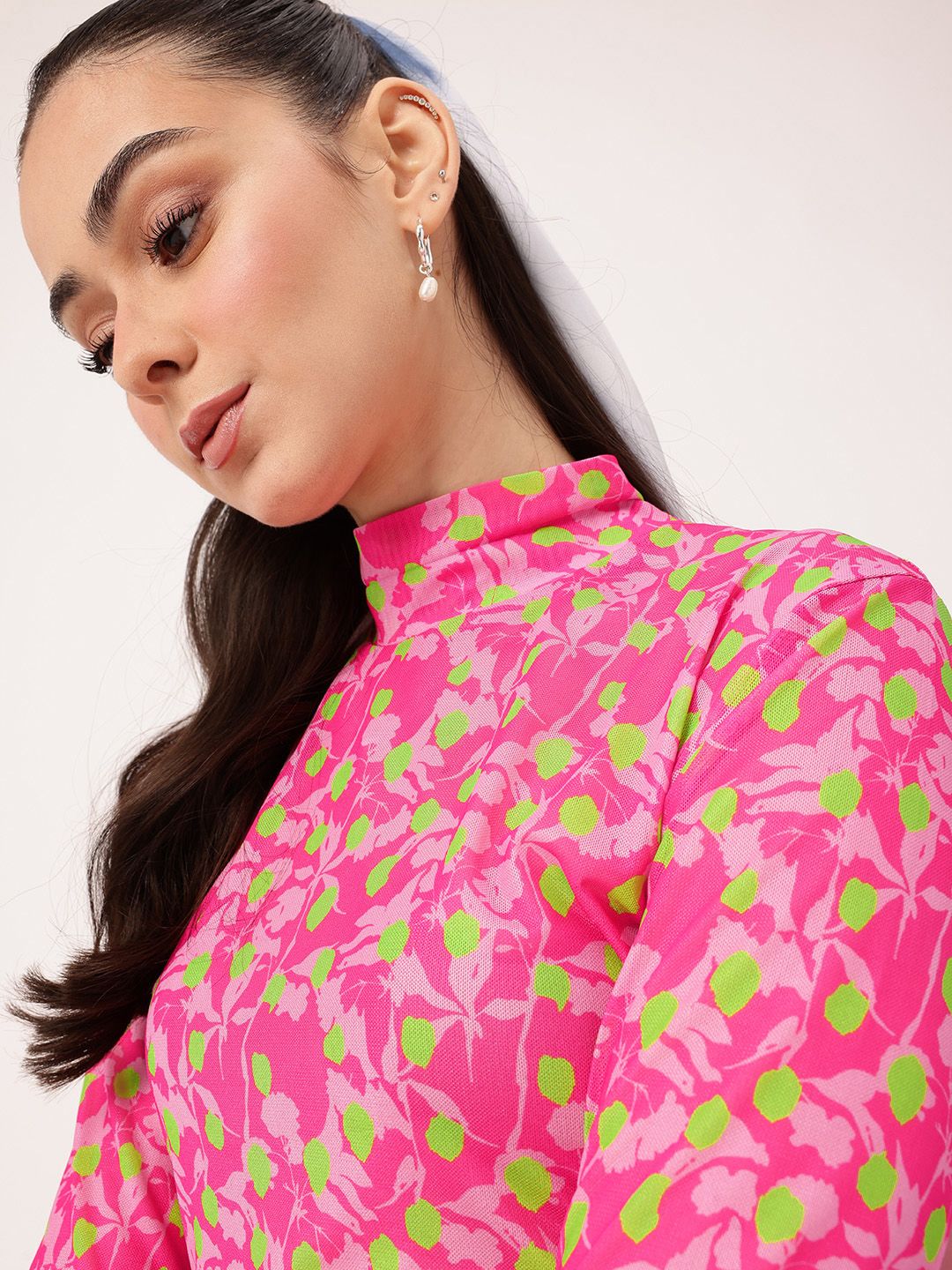 DressBerry Gentle Bloom Printed Soft Mesh Semi Sheer Fitted Crop Top