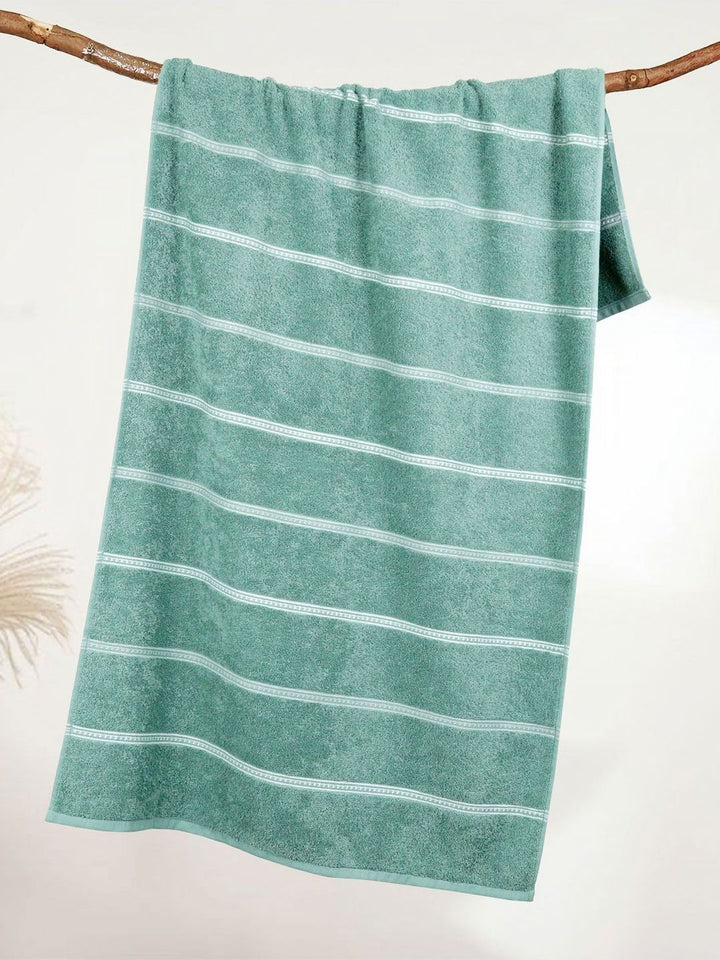 MYTRIDENT Green & White Striped Cotton 450 GSM Bath Towel