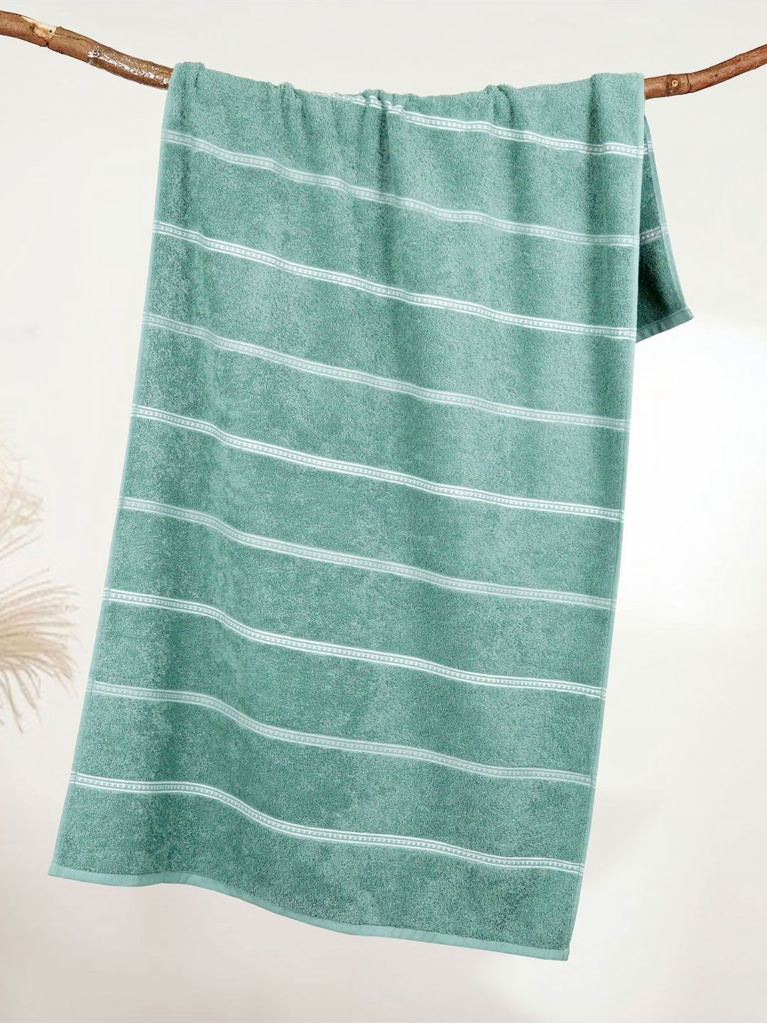 MYTRIDENT Green & White Striped Cotton 450 GSM Bath Towel