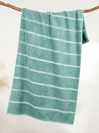MYTRIDENT Green & White Striped Cotton 450 GSM Bath Towel