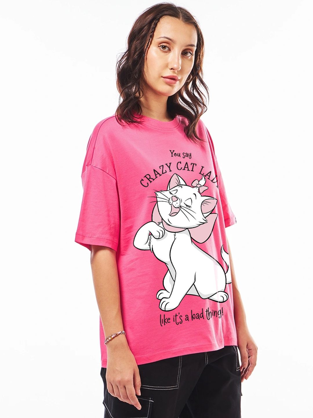 Bewakoof Official Disney Merchandise Women's Crazy Cat Lady Pure Cotton Oversized T-shirt