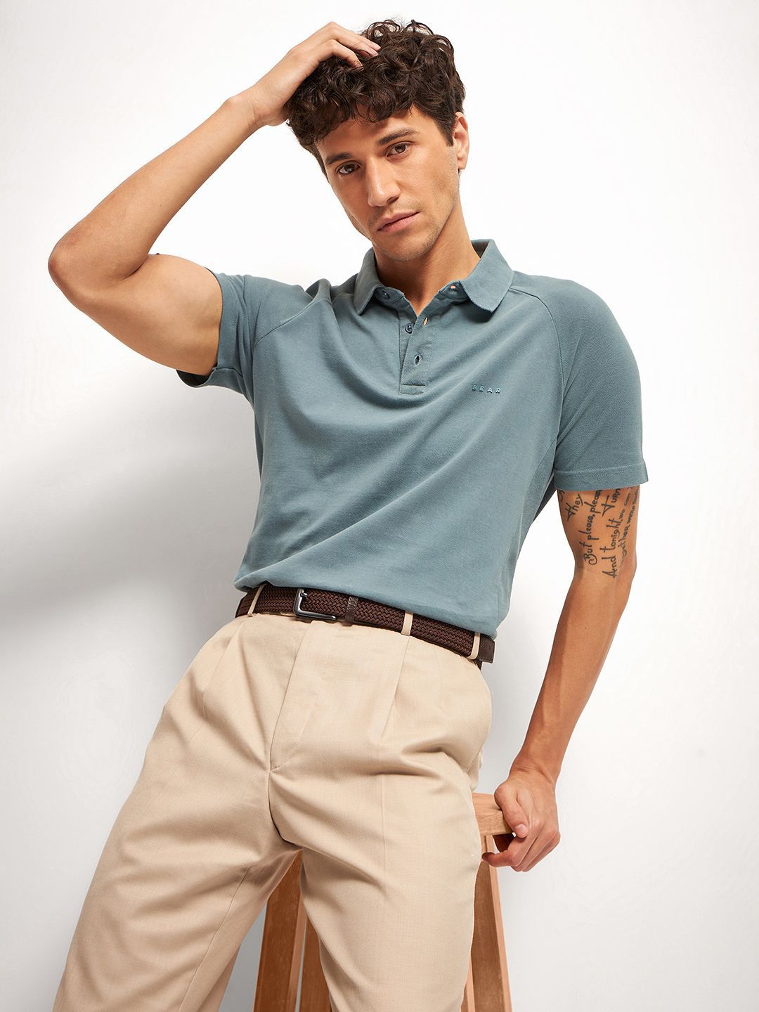 THE BEAR HOUSE Men Solid Polo Collar Pure Cotton T-shirt