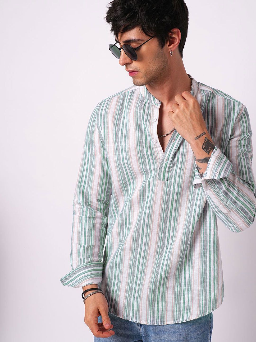 VASTRADO Retro Shoreline Azure Striped Band Collar Cotton Kurta