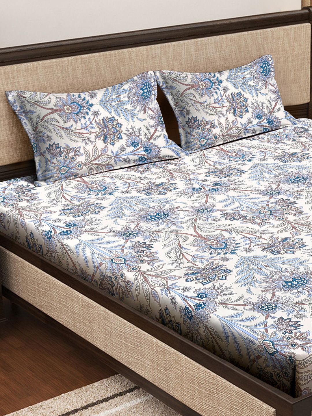 Myntra Elegant Homes Blue & Beige Floral Printed Set Cadar King 300 TC 2.5 m x 2.25 m