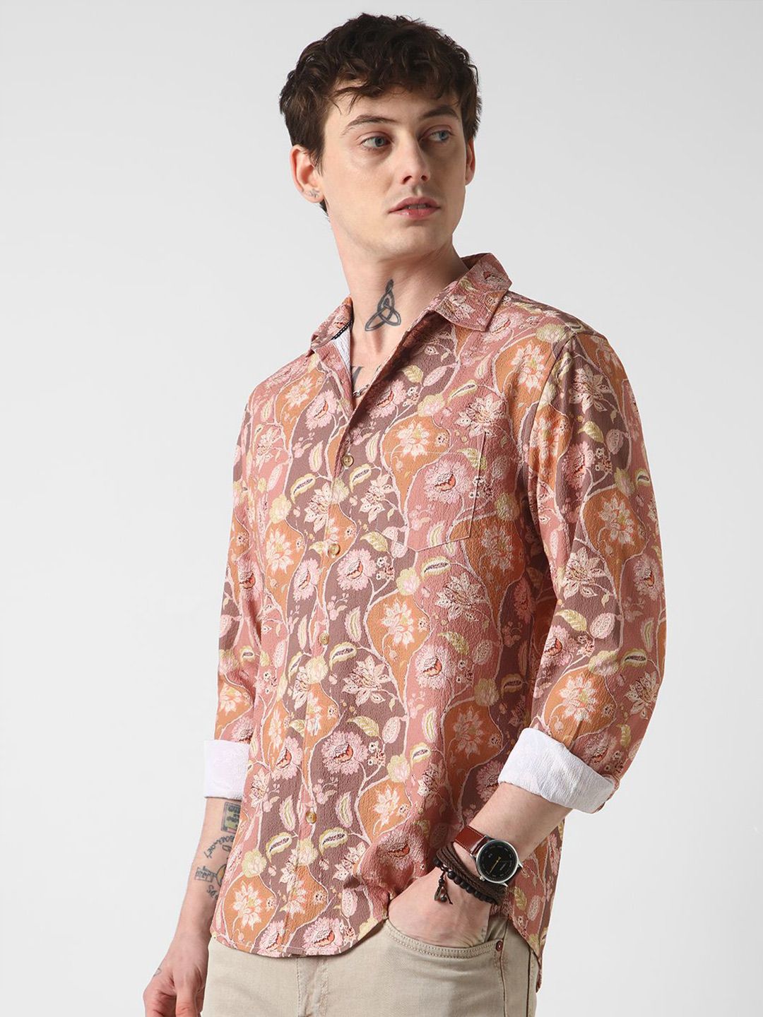 VASTRADO Men Classic Spread Collar Floral Printed Slim Fit Casual Shirt