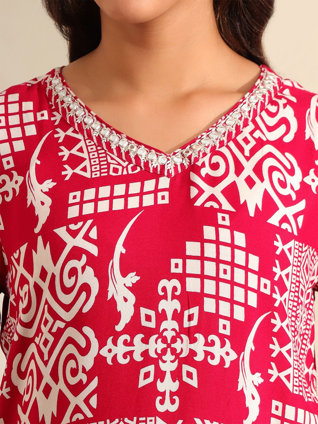 Mamicha Women Ethnic Motifs Printed Regular Beads and Stones Pure Cotton Kurta with Trousers