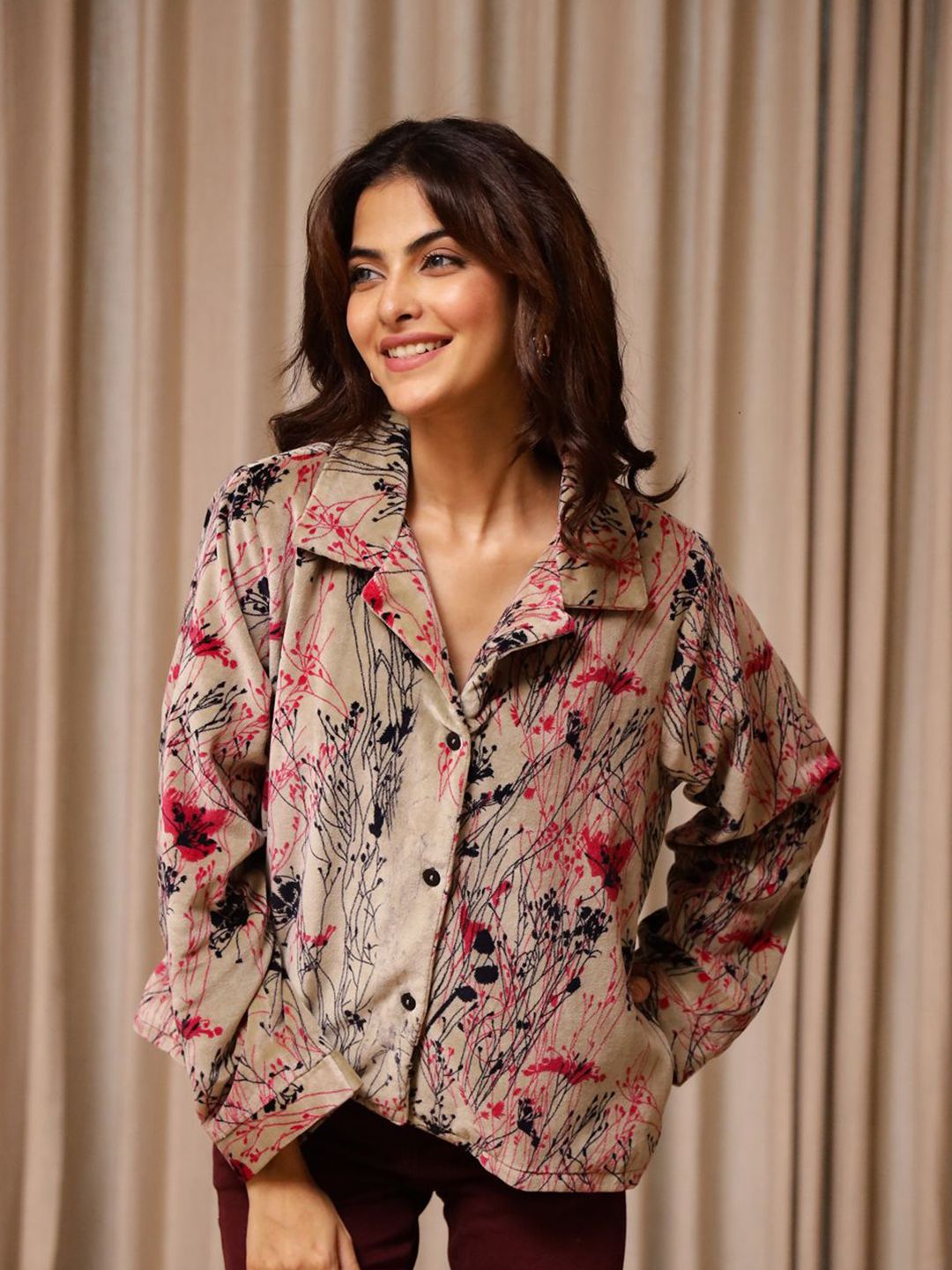 SANSKRUTIHOMES Women Lapel Collar Floral Printed Velvet Casual Tailored Jacket