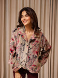 SANSKRUTIHOMES Women Lapel Collar Floral Printed Velvet Casual Tailored Jacket