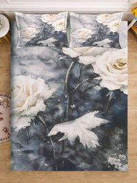 KLOTTHE Grey & White Floral Printed Flat 300 TC King Fine Bedsheet With 2 Pillow Cover