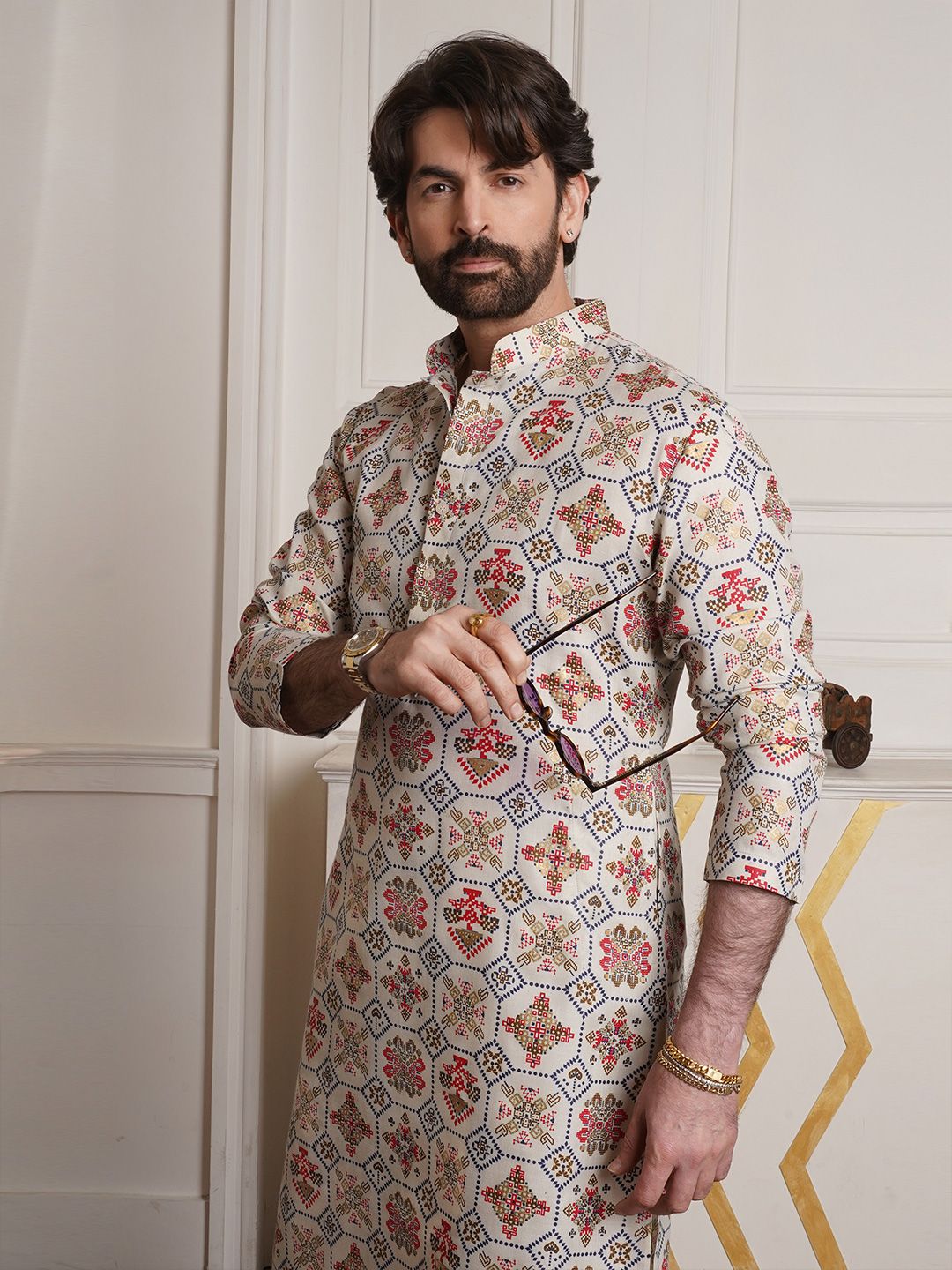 SOJANYA Ethnic Motifs Printed Band Collar Regular Kurta With Churidar