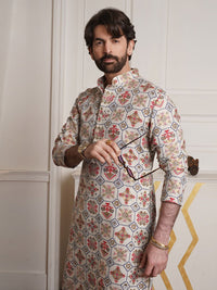 SOJANYA Ethnic Motifs Printed Band Collar Regular Kurta With Churidar