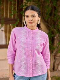 House of Chikankari Women Lavender Cotton Chikankari Embroidered Top