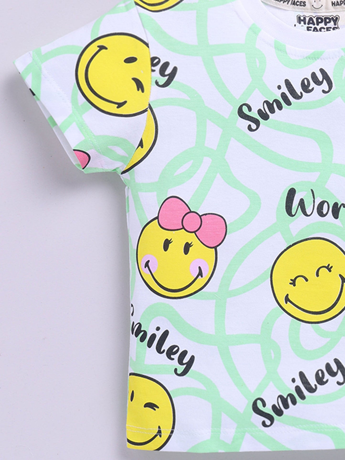 Happy Faces Kids Girls Smiley Printed Pure Cotton T-Shirt