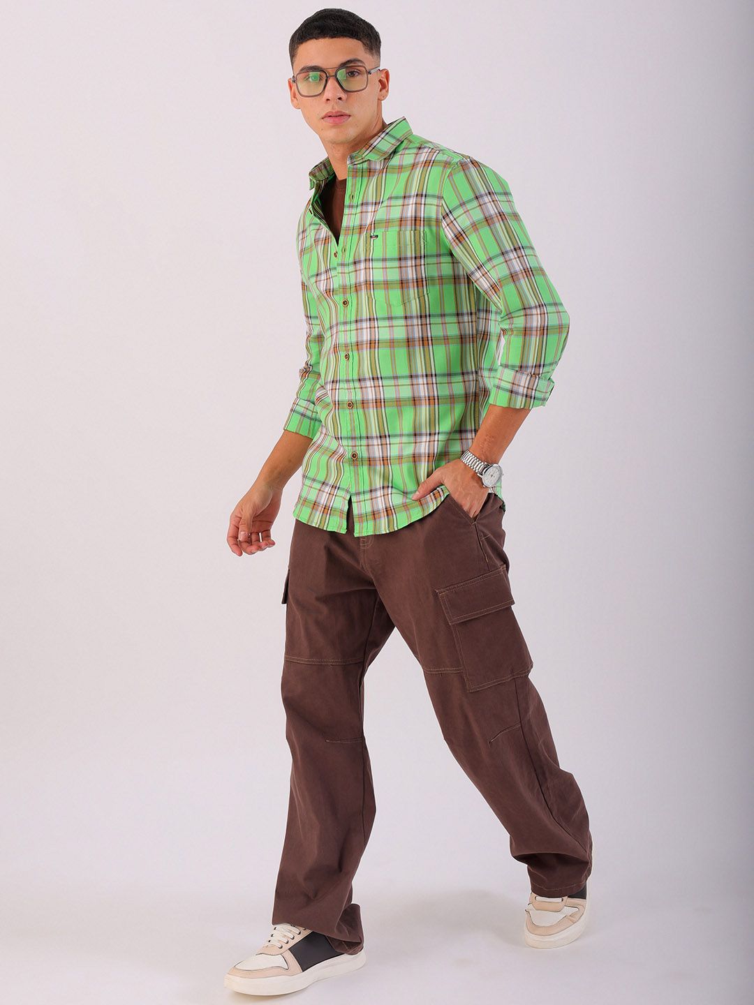 The Indian Garage Co Men Spread Collar Tartan Checks Checked Cotton Slim Fit Casual Shirt