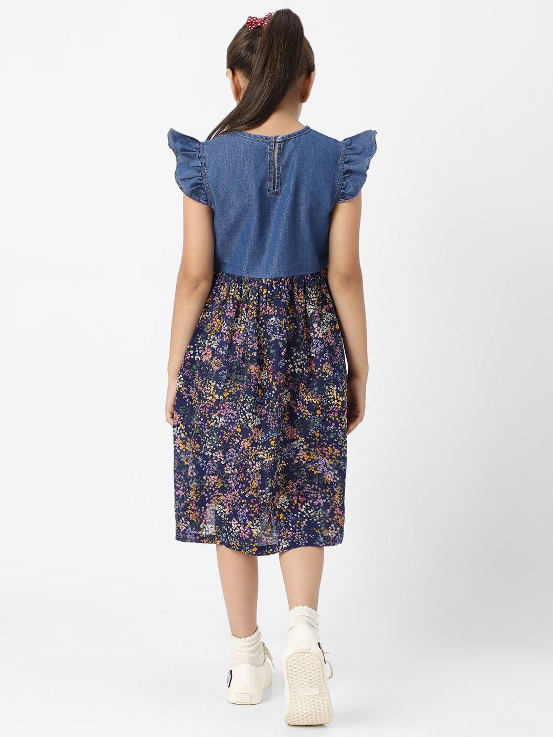 Nauti Nati Girls Denim Floral Printed Flutter Sleeves Dress