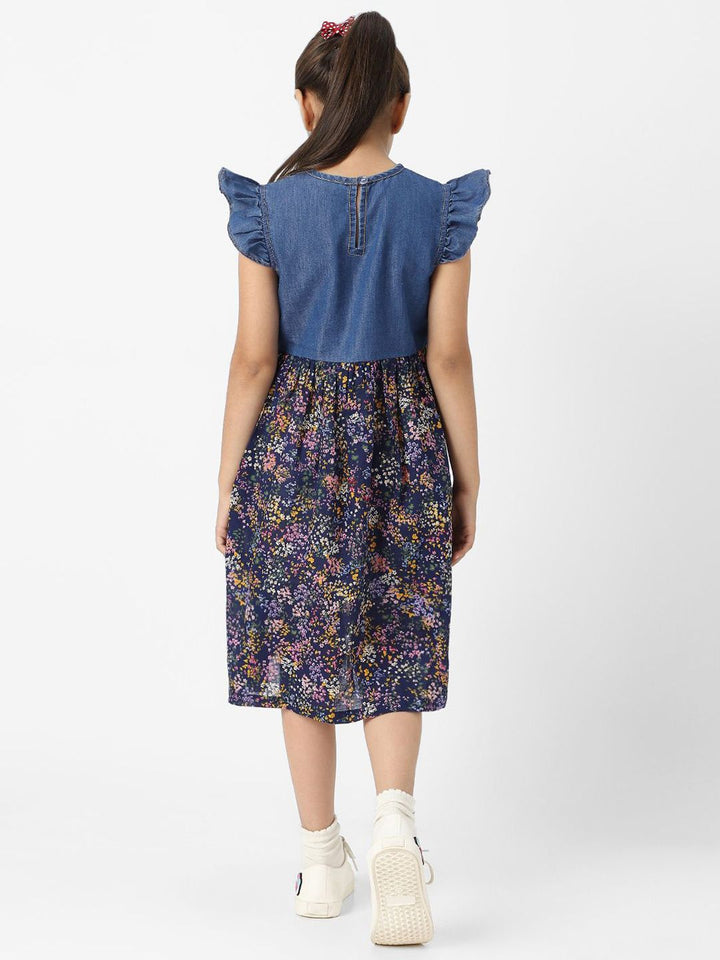 Nauti Nati Girls Denim Floral Printed Flutter Sleeves Dress