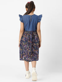 Nauti Nati Girls Denim Floral Printed Flutter Sleeves Dress