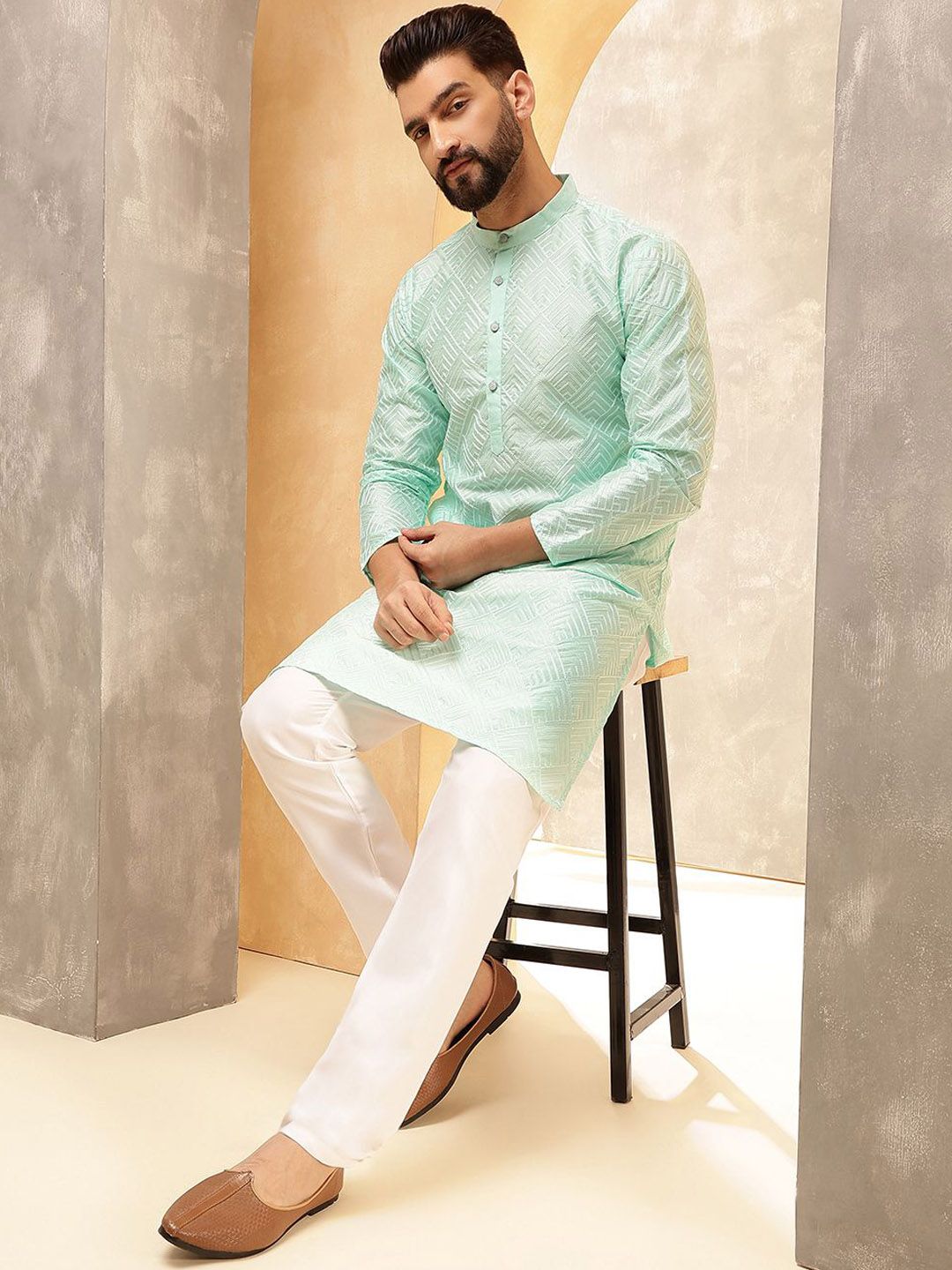 Anouk Sea Green & White Band Collar Geometric Embroidered Straight Kurta