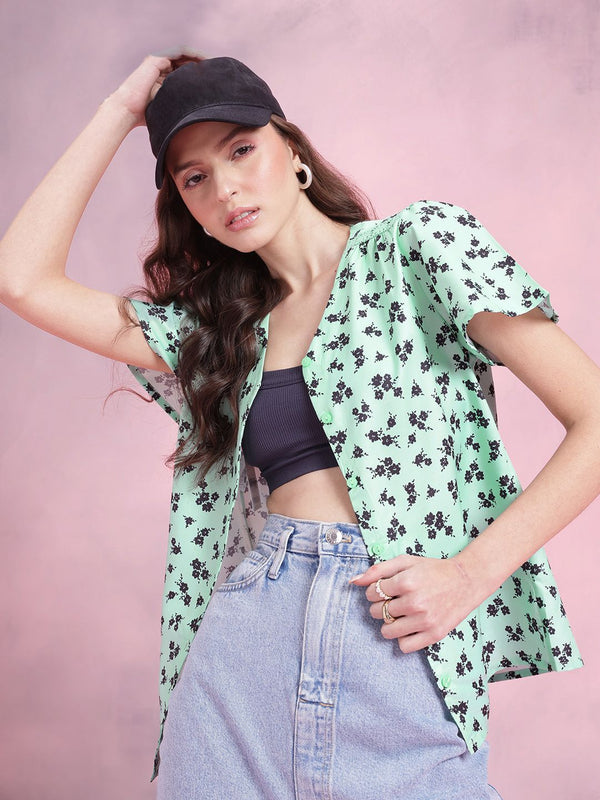 DressBerry Floral Print Crochet Detail Flared Sleeves Shirt Style Top