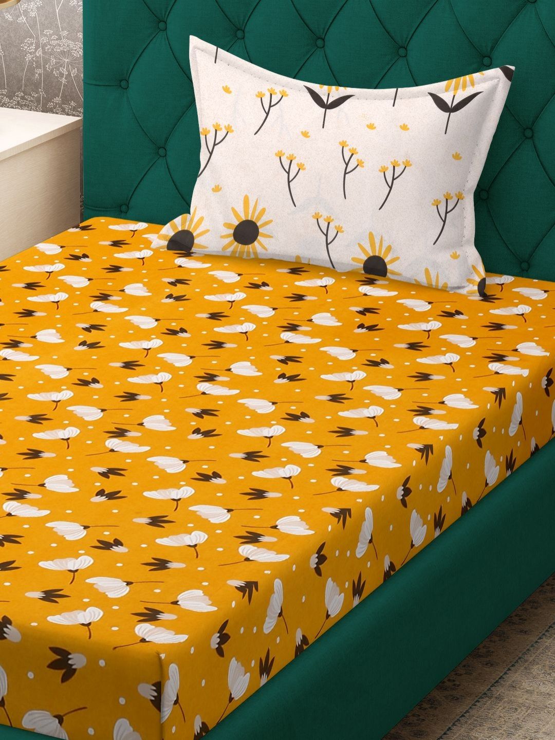 Myntra Elegant Homes Yellow & White Printed 300TC Single Bedsheet Set 2.25m x 1.50m