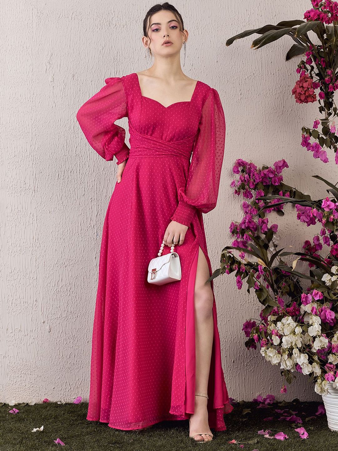 Berrylush Women Solid Sweetheart Neck Bishop Sleeve Fit & Flared Maxi Dress