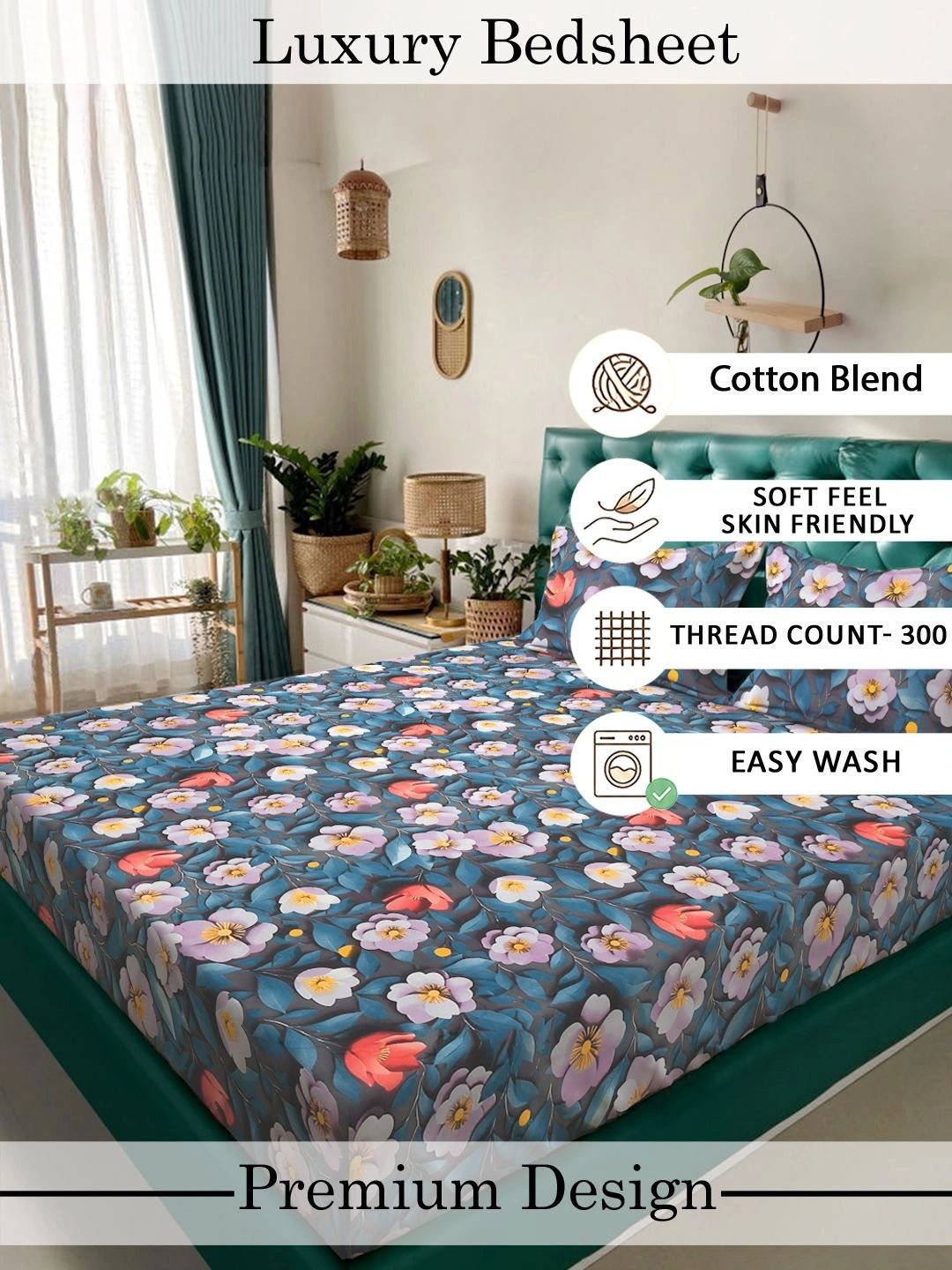 Myntra Elegant Homes Blue Floral 400 TC King Bedsheet with 2 Pillow Covers