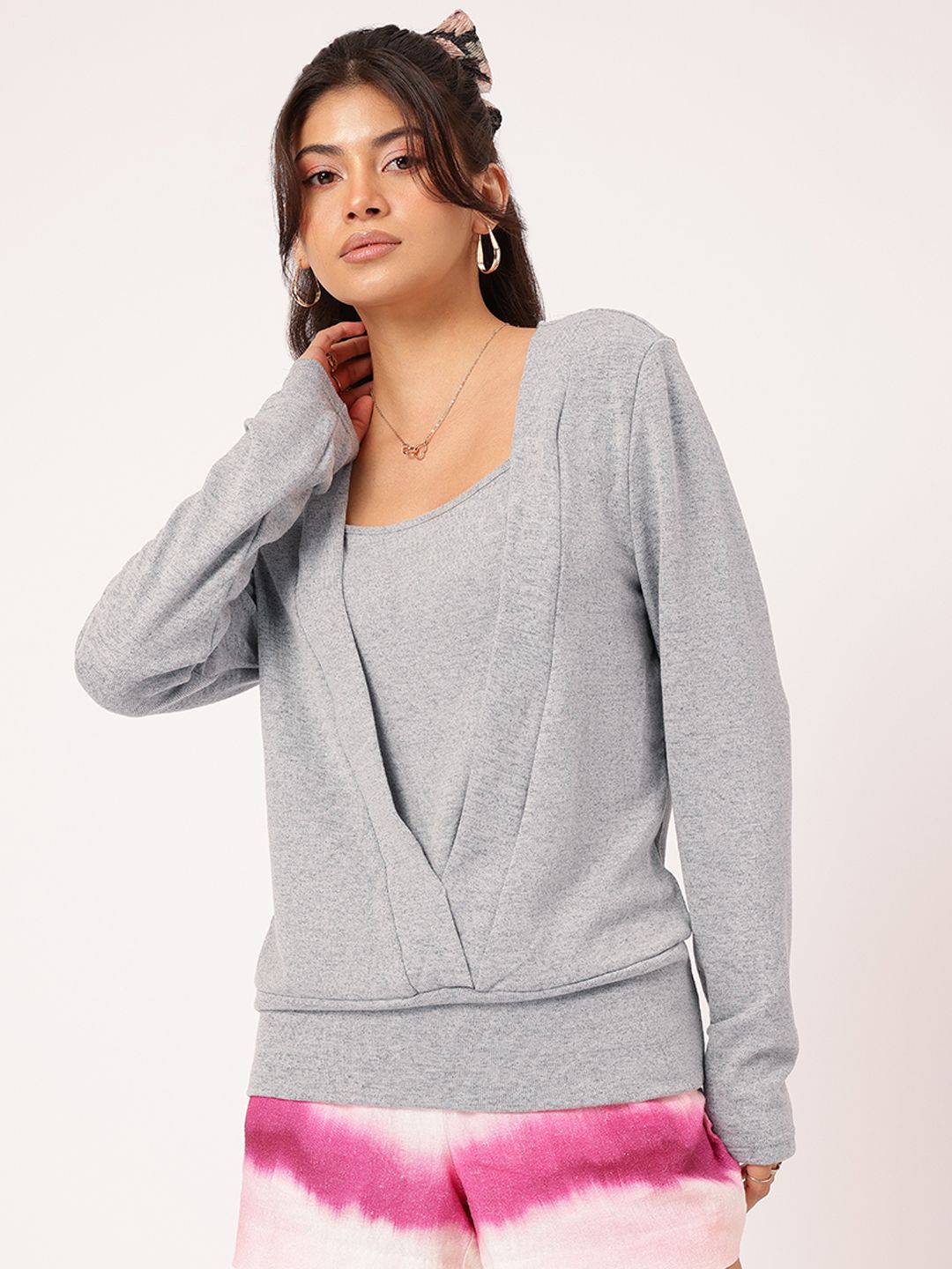 DressBerry Misty Haze Cardigan-Inspired Paneled Knit Top