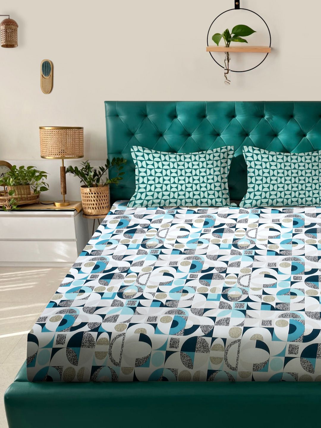 Myntra Elegant Homes White & Blue Printed 300 TC Fitted King Bedsheet Set 2.5m x 2.25m