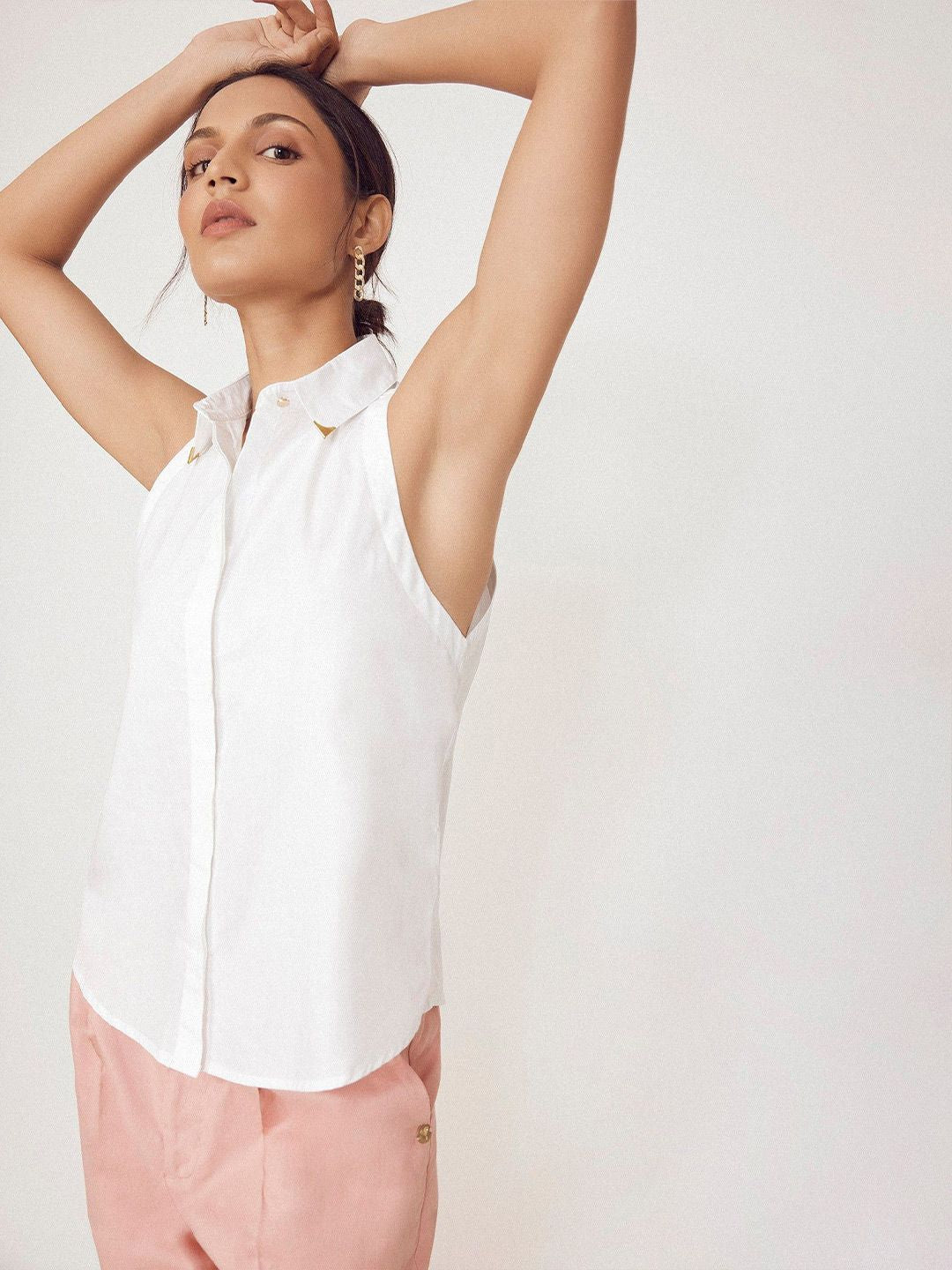 The Label Life Women Spread Collar Solid Cotton Casual Shirt