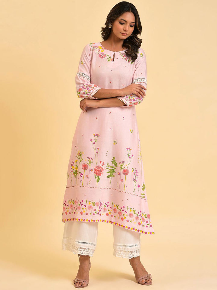 W Floral Printed Keyhole Neck Puff Sleeves Thread Work A-Line Kurta