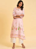W Floral Printed Keyhole Neck Puff Sleeves Thread Work A-Line Kurta