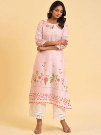 W Floral Printed Keyhole Neck Puff Sleeves Thread Work A-Line Kurta