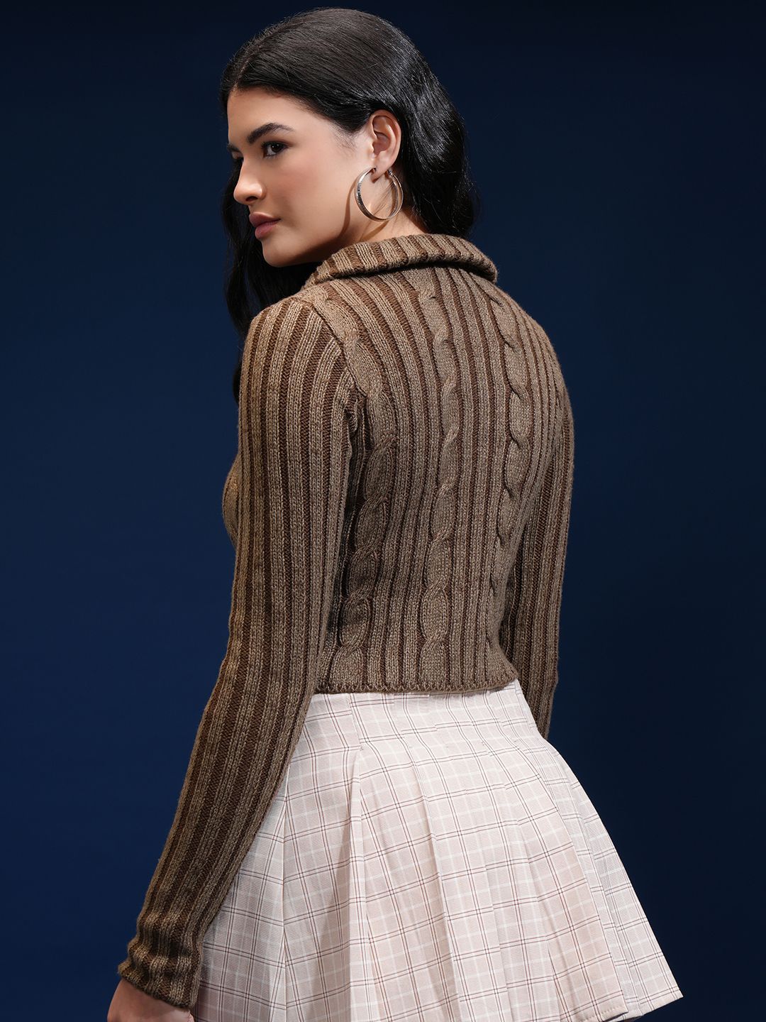 Tokyo Talkies Women Cable Knit Crop Cardigan with Zip Detail