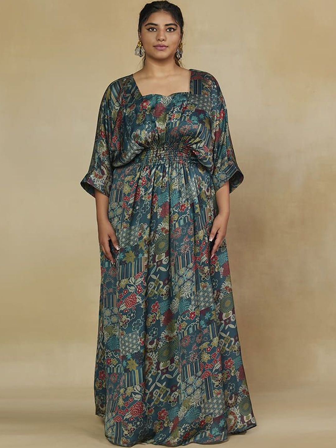 Mamicha Floral Print Kimono Sleeve Crepe Kaftan Maxi Dress