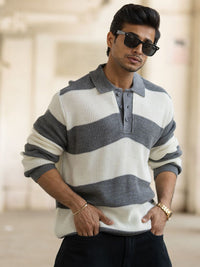 Powerlook Men Striped Polo Collar Full Sleeves Casual T-shirt
