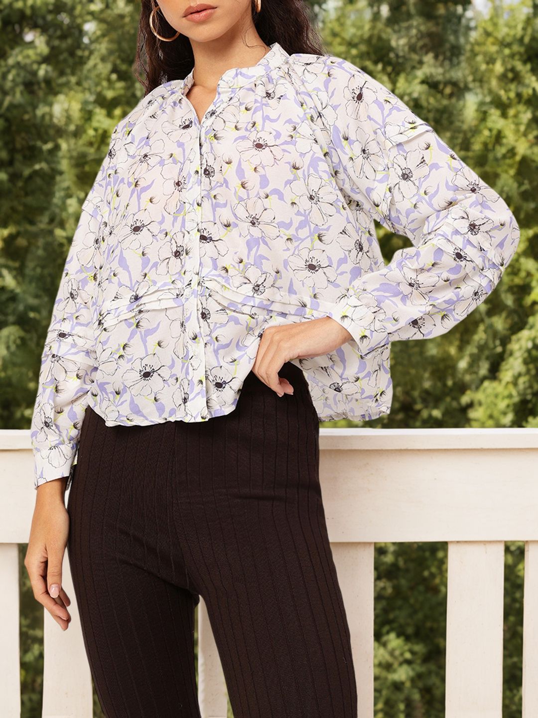 DressBerry Blooming Brilliant Floral Print Pleated Shirt Style Top
