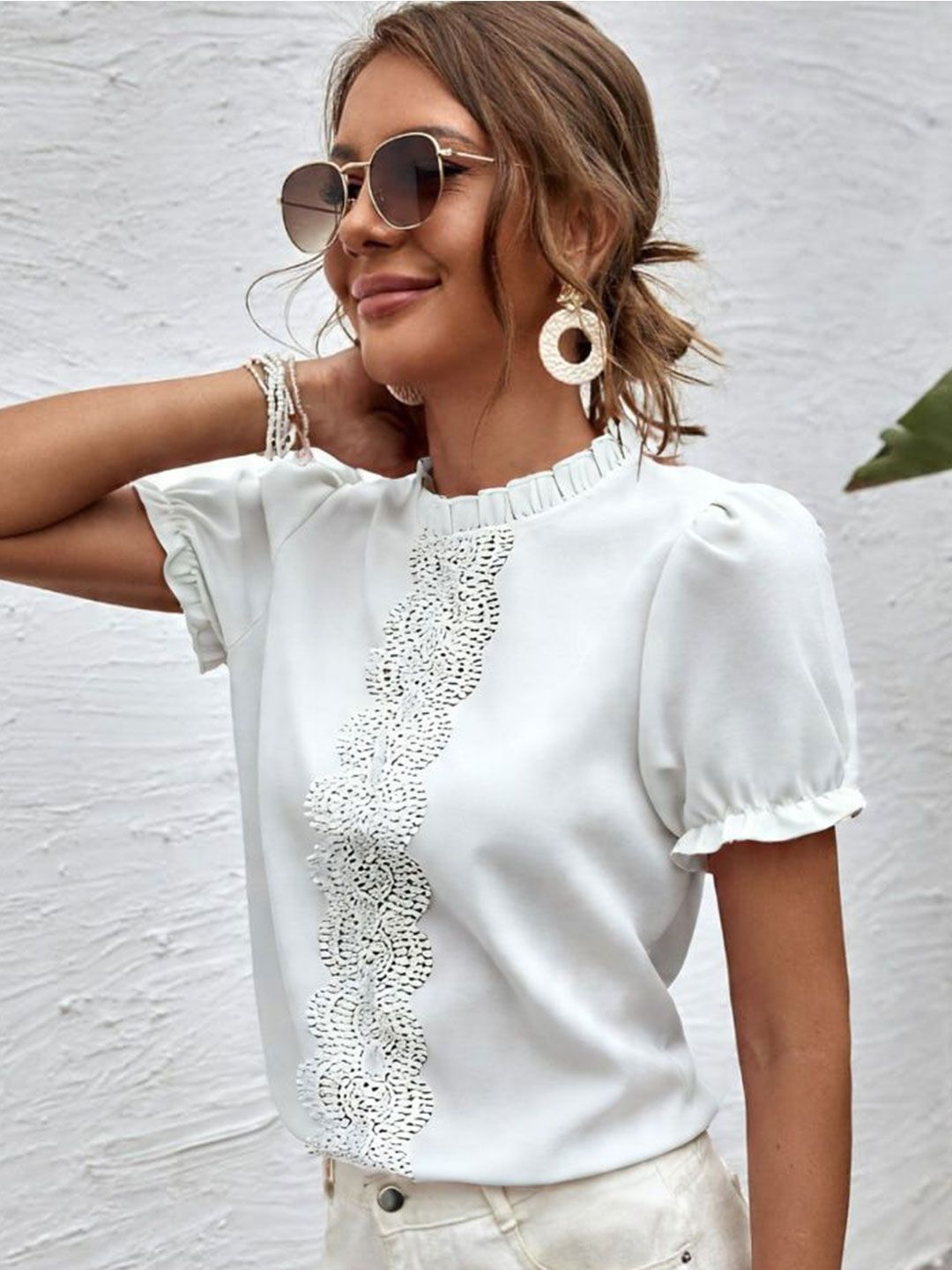 Berrylush Women High Neck Puff Sleeve Lace Inserts Detail Top