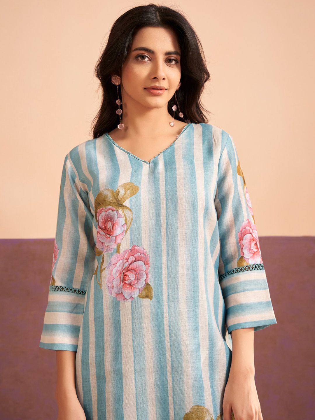 Indo Era Floral Printed V-Neck Sequinned Linen Kurta With Trouser & Dupattta