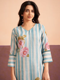 Indo Era Floral Printed V-Neck Sequinned Linen Kurta With Trouser & Dupattta