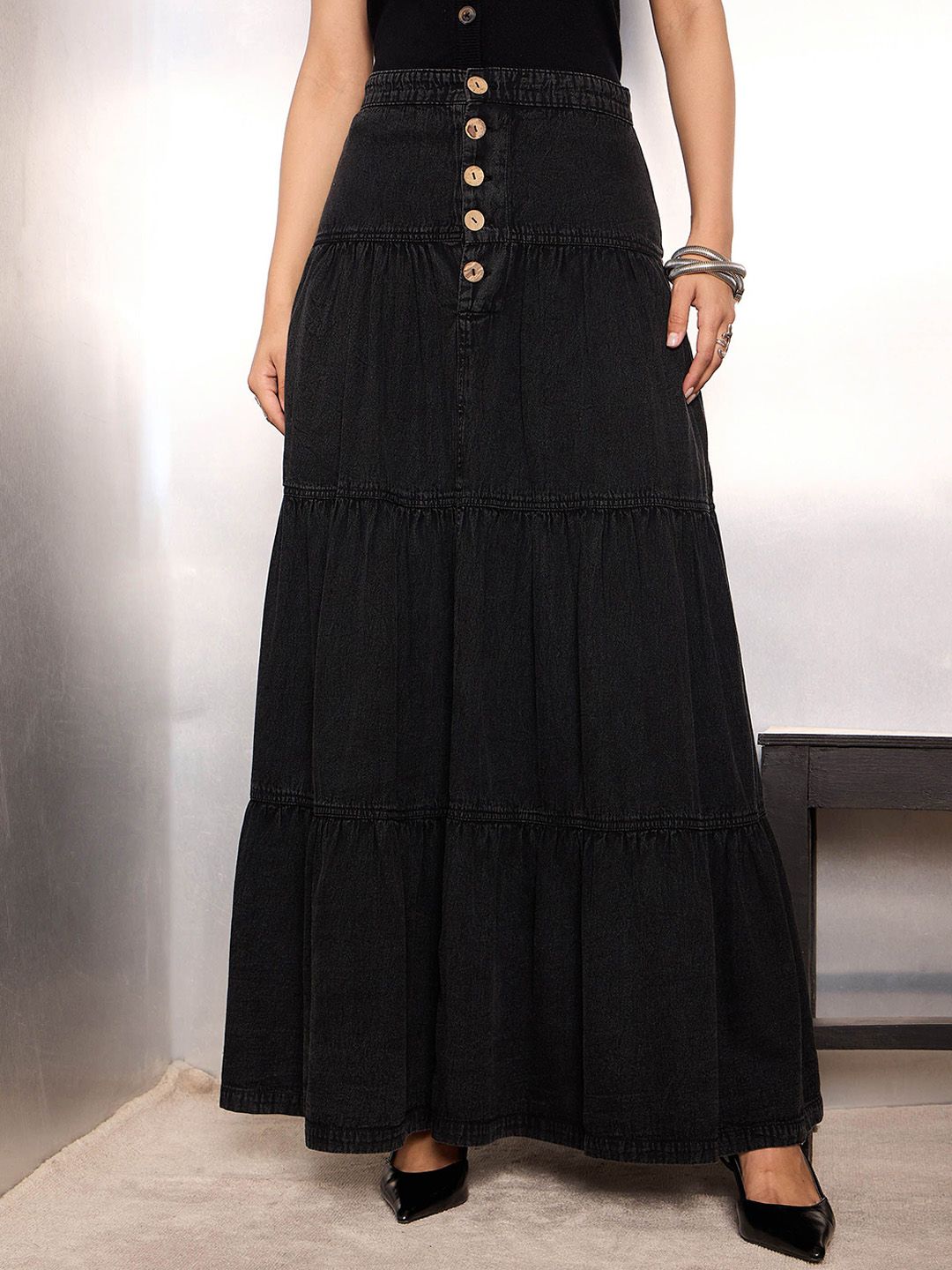 SASSAFRAS Women Denim Flared Maxi Skirts